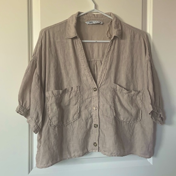 ZARA SIZE L Cream Linen Button-up Blouse - Picture 1 of 10
